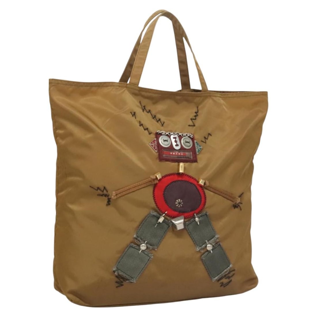 PRADA Khaki Silver Nylon Tote Bag Auth Italy 120103: PRADA Khaki Silver Nylon Tote Bag Auth Italy 120103 Elevate your style with this PRADA Tote Bag crafted from durable nylon in a sophisticated khaki and silver color scheme. Measuring approximately 14.