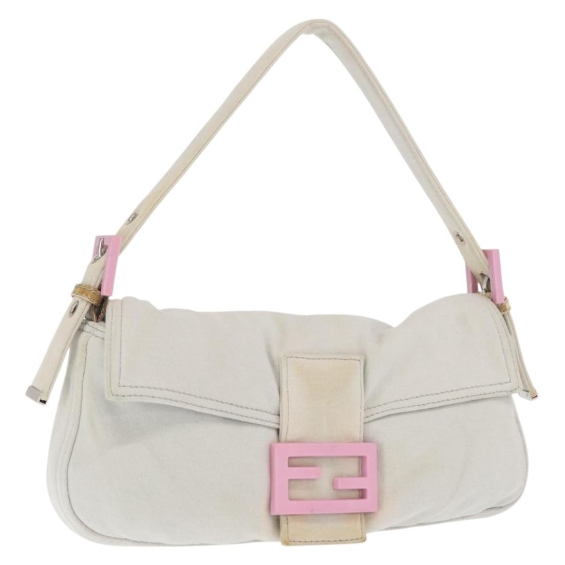 Gray Cotton FENDI Mamma Baguette Shoulder Bag Silver Accents: Gray Cotton FENDI Mamma Baguette Shoulder Bag Silver Accents This FENDI Mamma Baguette handbag features a gray and silver cotton exterior with a compact design. Made in Italy, it offers a practical ha