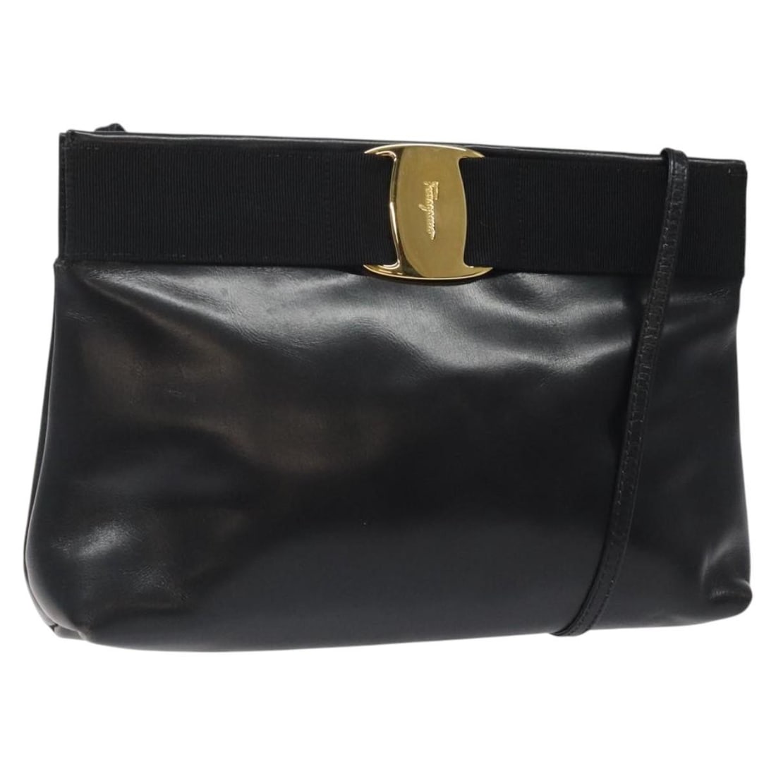 Salvatore Ferragamo Black Gold Leather Shoulder Bag Auth 122966 Made in Italy (1 of 18)