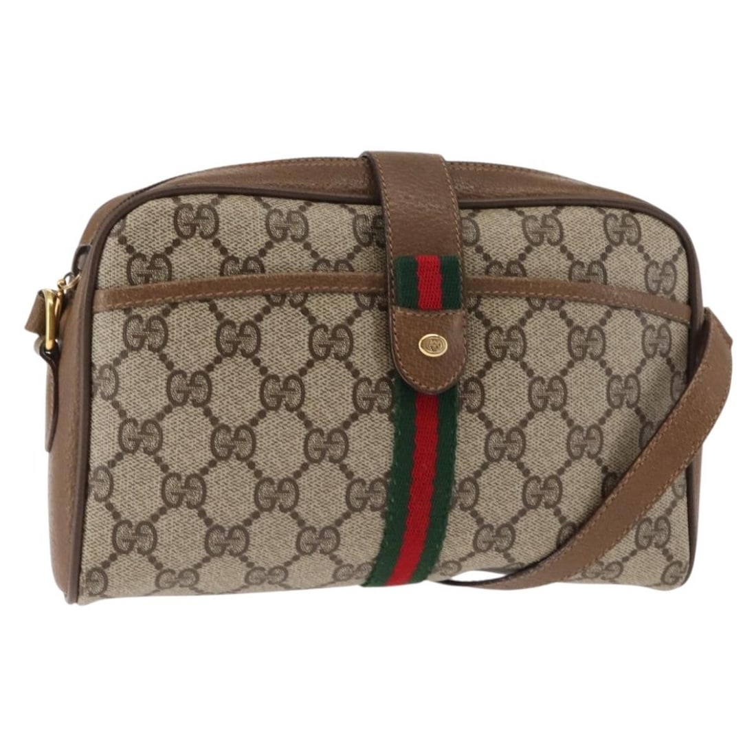 GUCCI GG Canvas Sherry Line Shoulder Bag Beige Green PVC Leather (1 of 18)