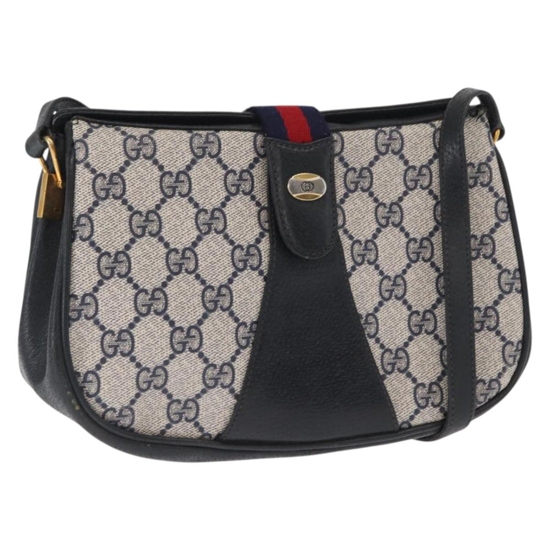 Gucci GG Supreme Sherry Line Navy Shoulder Bag PVC Leather 10 02 024: Gucci GG Supreme Sherry Line Navy Shoulder Bag PVC Leather 10 02 024 This GUCCI GG Supreme Sherry Line shoulder bag features a classic combination of navy, gold, and red colors. Crafted from PVC leath