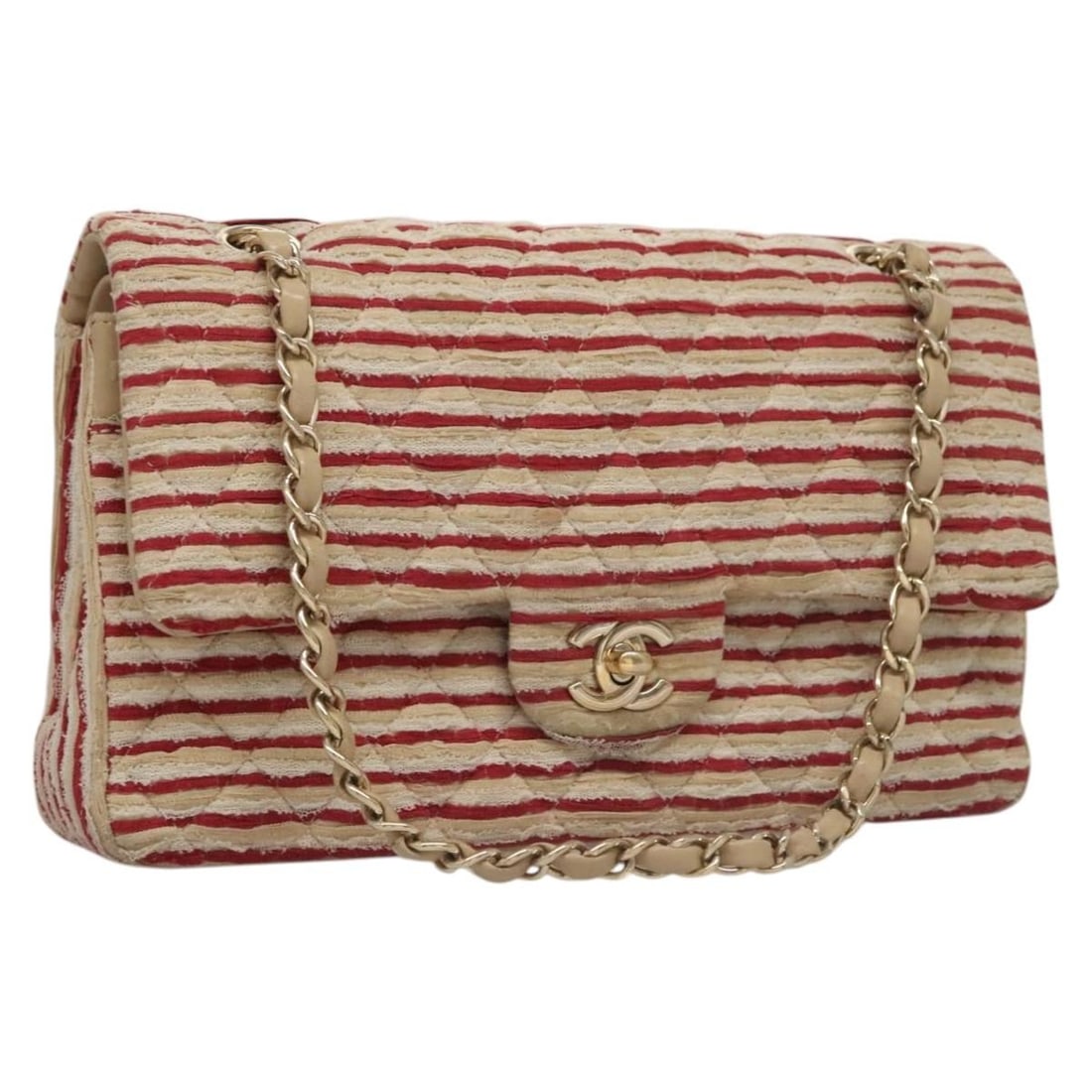 CHANEL Matelasse 25 Double Flap Cotton Handbag Red Auth 112984A: CHANEL Matelasse 25 Double Flap Cotton Handbag Red Auth 112984A This CHANEL Matelasse 25 Border Double Flap Chain Handbag is a stylish accessory crafted in France from durable cotton in a striking red