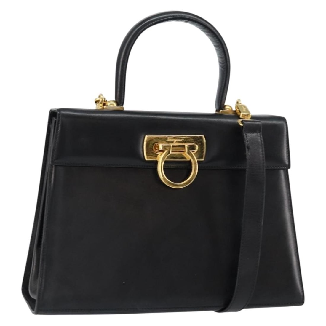 Salvatore Ferragamo Gancini Leather Hand Bag Black Gold Auth 155312 (1 of 18)