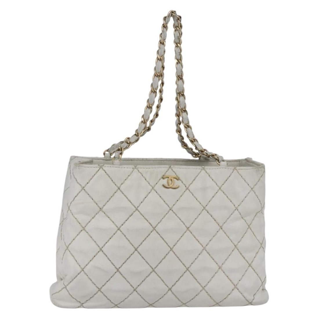 CHANEL Wild Stitch Chain Shoulder Bag Beige Gold Lamb Skin Auth BA6359 (1 of 18)
