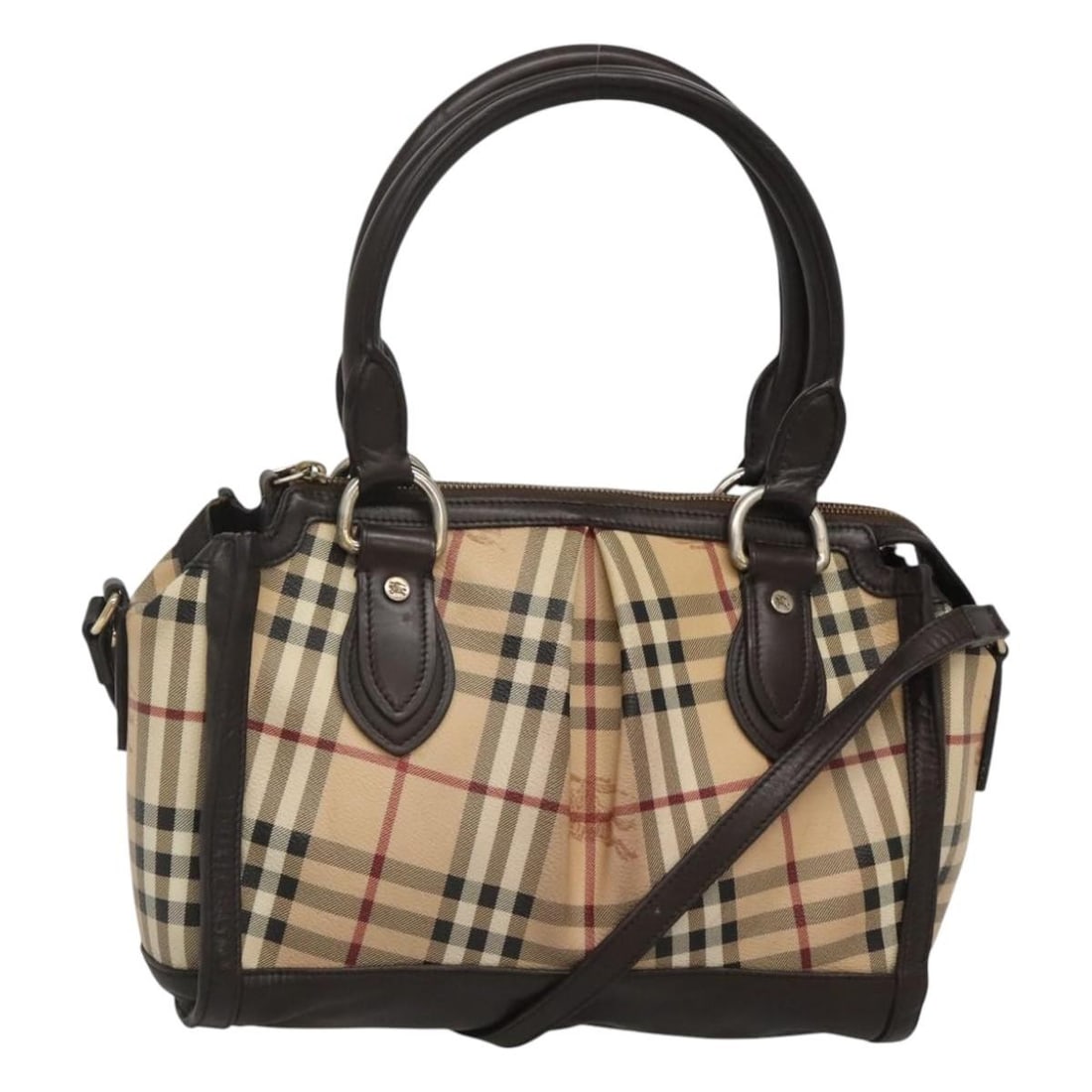 Burberry Nova Check Beige Brown PVC Leather 2-Way Hand Bag Auth Italy: Burberry Nova Check Beige Brown PVC Leather 2-Way Hand Bag Auth Italy This Burberry Nova Check Hand Bag is crafted from durable PVC leather in a stylish beige and brown color scheme. Designed for vers