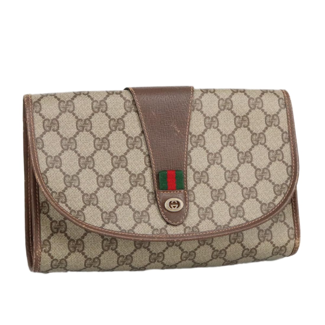 GUCCI GG Supreme Sherry Line Beige Red Clutch Bag PVC Auth 156 01 030 (1 of 18)