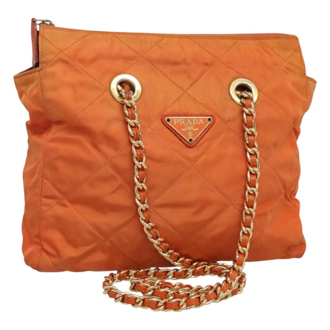 PRADA Orange Gold Nylon Chain Shoulder Bag Made in Italy: PRADA Orange Gold Nylon Chain Shoulder Bag Made in Italy Elevate your style with this authentic PRADA Chain Shoulder Bag, expertly crafted in Italy from durable nylon in a striking orange and gold col