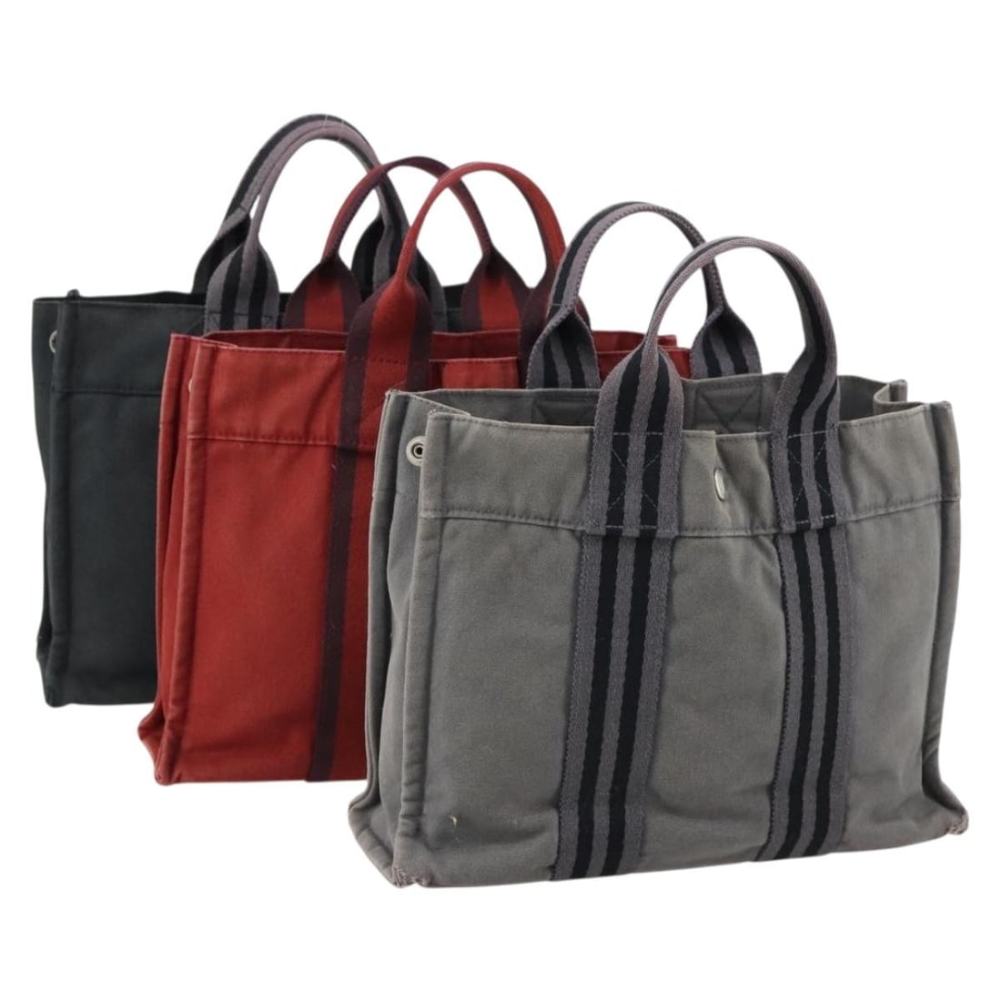 HERMES Fourre Tout PM Hand Bag Gray Red Canvas Set of 3 Auth (1 of 18)