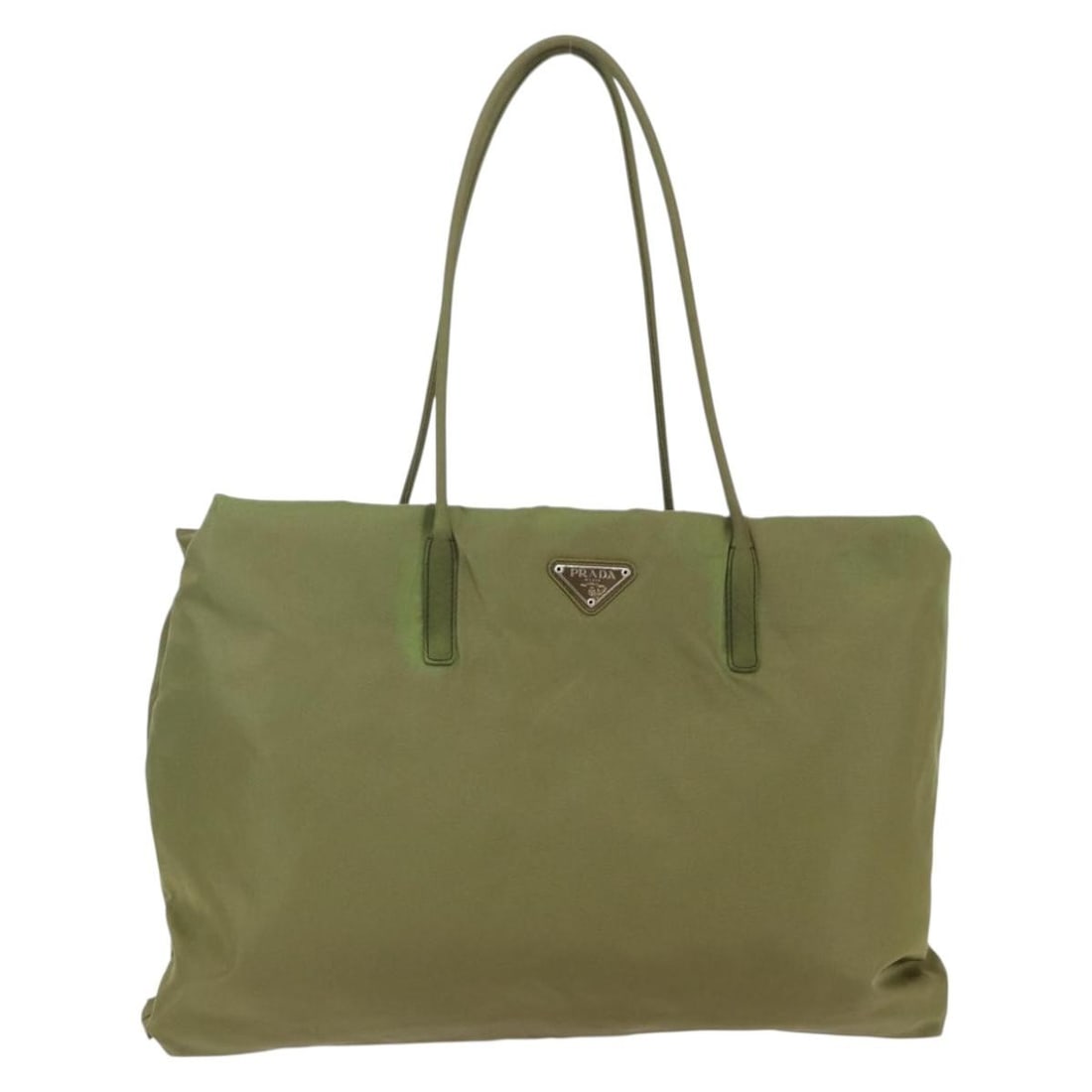 PRADA Khaki Silver Nylon Tote Bag Authentic BA6878: PRADA Khaki Silver Nylon Tote Bag Authentic BA6878 This authentic PRADA tote bag is a stylish accessory crafted from durable nylon in a chic khaki and silver color scheme. With dimensions of approxima