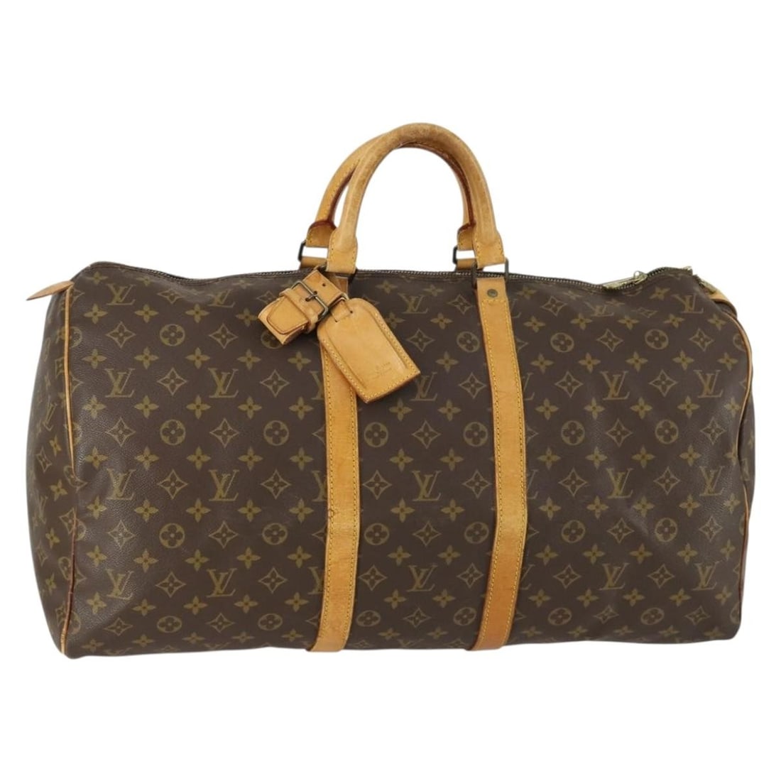 Louis Vuitton Keepall 55 Monogram Canvas Boston Bag M41424 with Name Tag: Louis Vuitton Keepall 55 Monogram Canvas Boston Bag M41424 with Name Tag This is a Louis Vuitton Monogram Keepall 55 Boston Bag, model M41424. Crafted from signature Monogram Canvas, this spacious tra