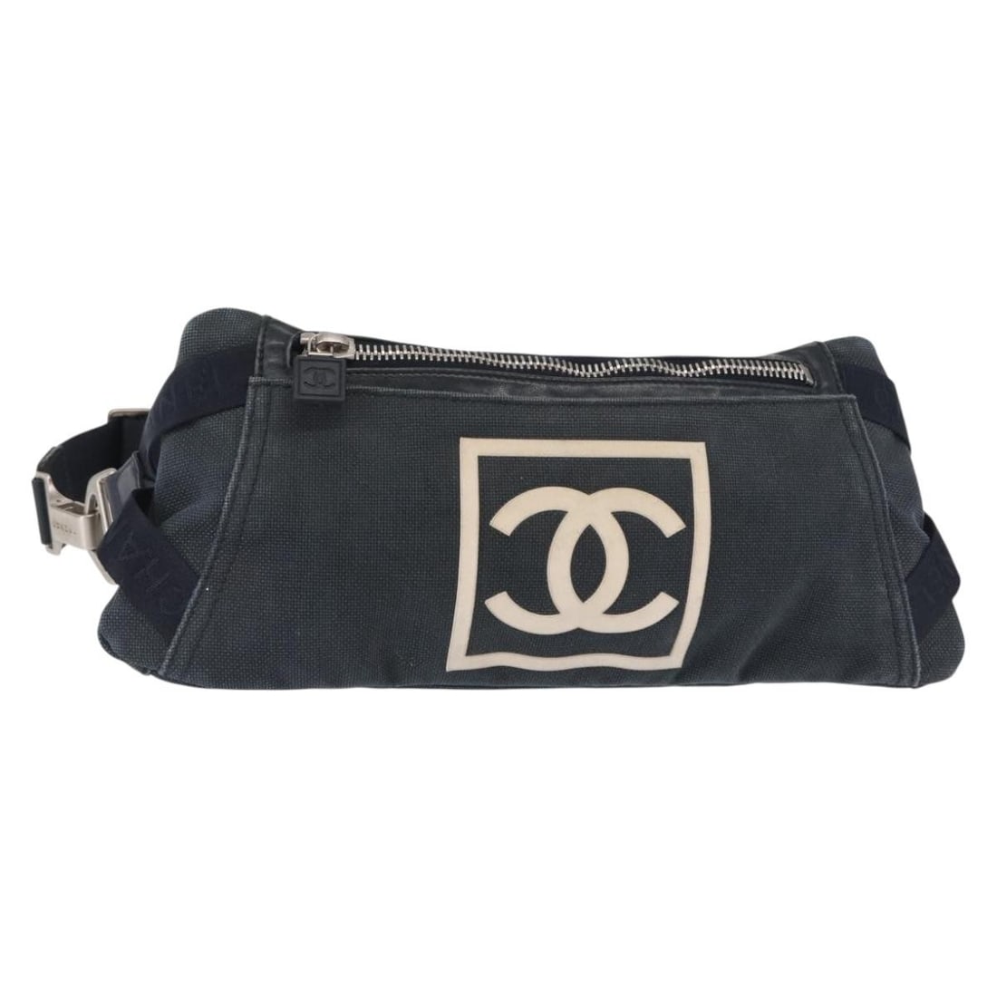 CHANEL Navy Silver Canvas Waist Bag with CC Logo Auth 155746: CHANEL Navy Silver Canvas Waist Bag with CC Logo Auth 155746 This CHANEL Sports Line Waist Bag is a stylish and functional accessory crafted from durable canvas in a chic navy and silver colorway. Ide