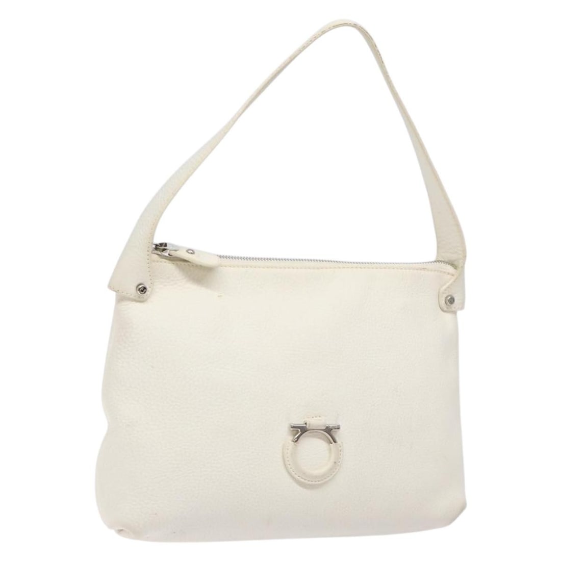 Salvatore Ferragamo Gancini White Silver Leather Shoulder Bag Auth Italy (1 of 18)
