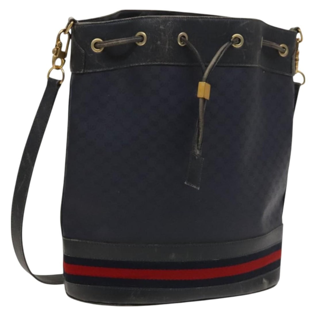 GUCCI Micro GG Supreme Sherry Line Shoulder Bag Navy Gold PVC Auth 125756: GUCCI Micro GG Supreme Sherry Line Shoulder Bag Navy Gold PVC Auth 125756 This authentic GUCCI Micro GG Supreme Sherry Line Shoulder Bag features a stylish navy and gold color scheme crafted from dura