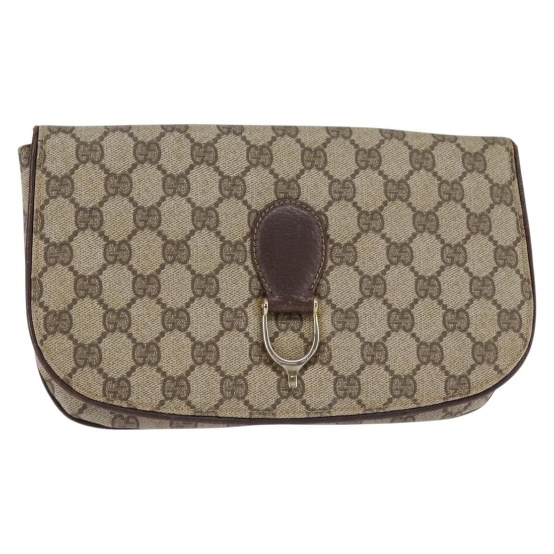 GUCCI GG Supreme Beige Gold PVC Clutch Bag Italy Authentic 148253: GUCCI GG Supreme Beige Gold PVC Clutch Bag Italy Authentic 148253 This GUCCI GG Supreme Clutch Bag is a stylish accessory crafted in Italy from durable PVC leather and GG canvas. The exterior features