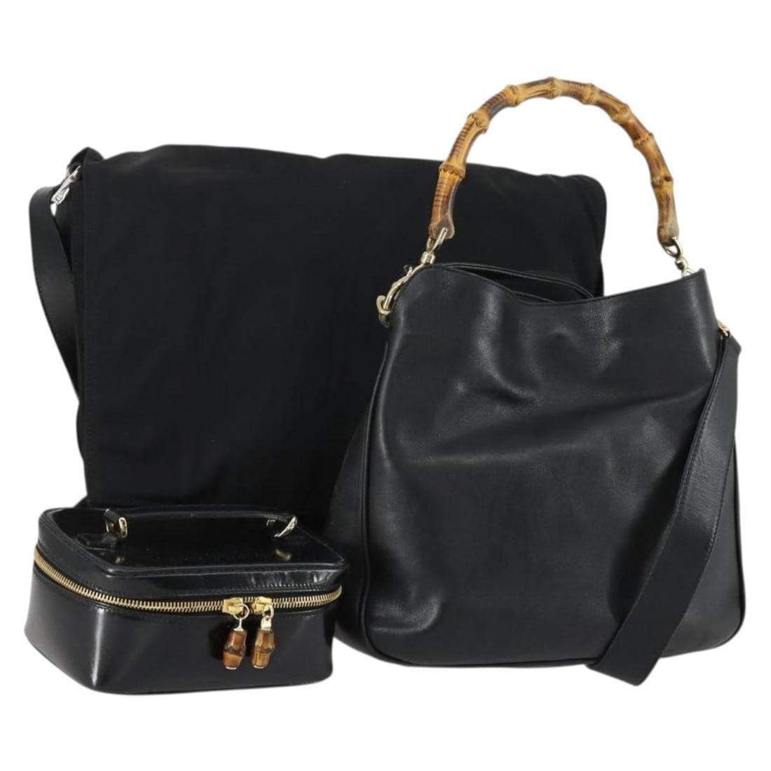 GUCCI Black Leather Nylon Hand Bag Set of 3 Authentic (1 of 18)