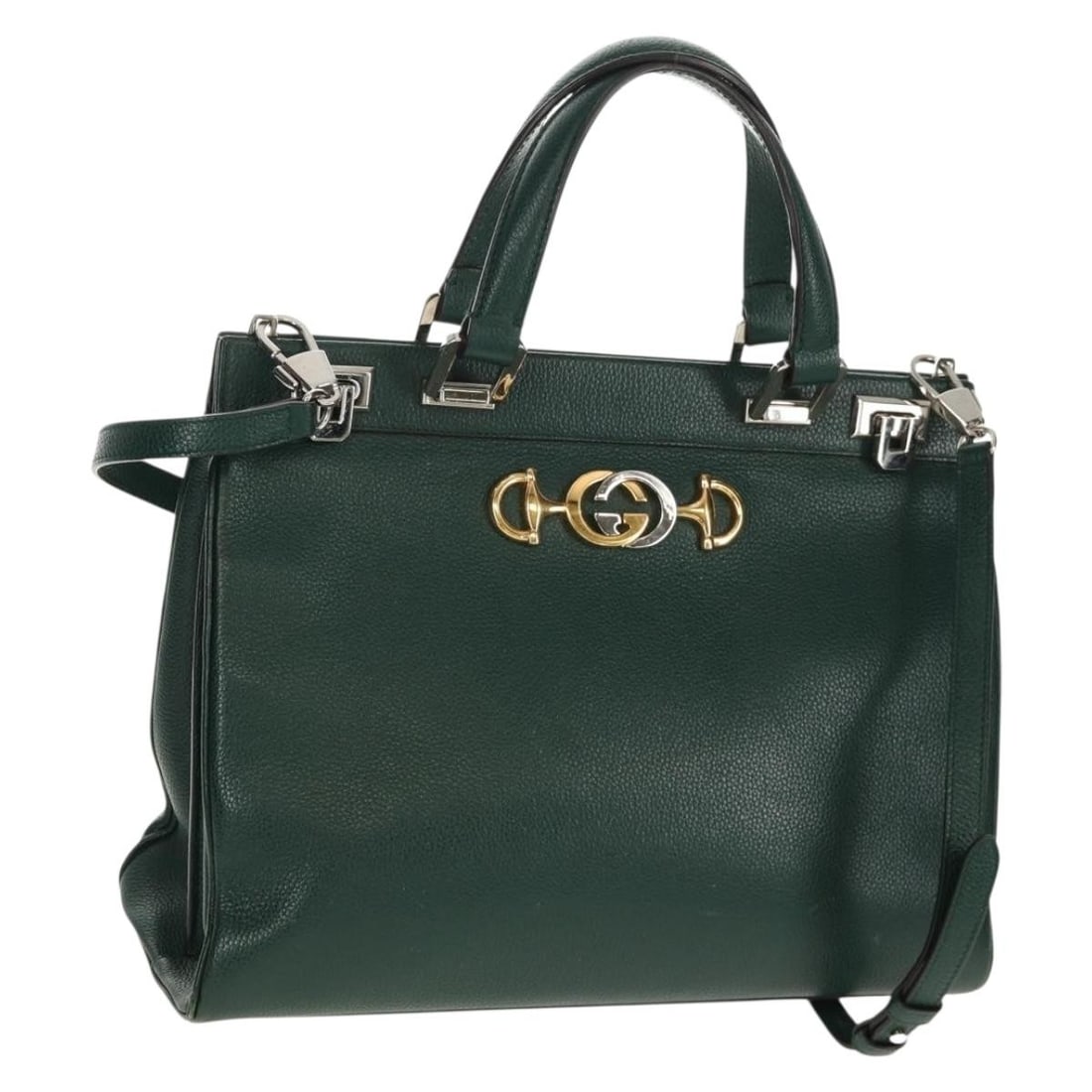 Green Leather Gucci Zumi Horsebit Handbag with Shoulder Strap Silver Hardware: Green Leather Gucci Zumi Horsebit Handbag with Shoulder Strap Silver Hardware This is a Gucci Horsebit Zumi 2-way handbag crafted from green leather with silver-tone accents, designed for both hand an