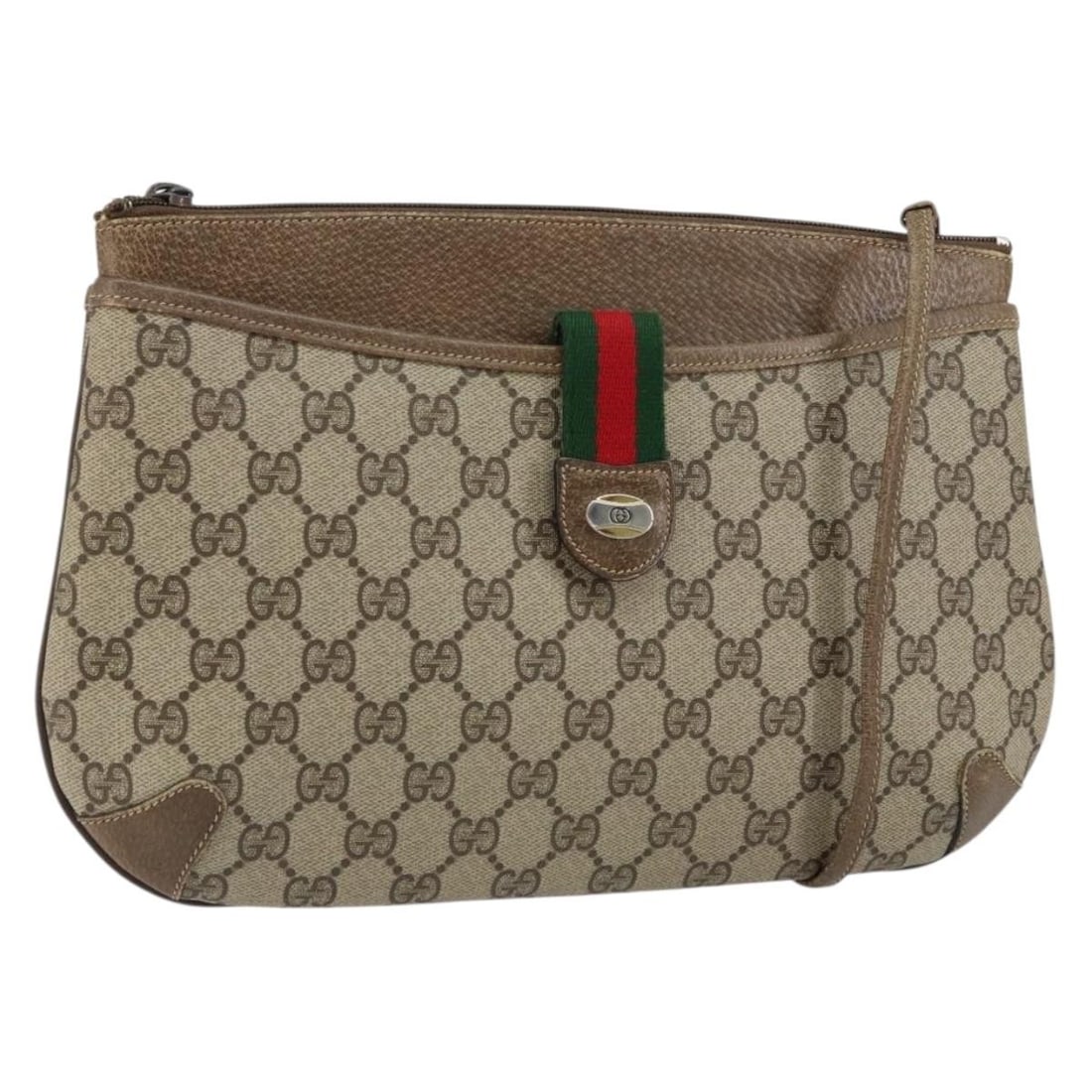 GUCCI GG Supreme Sherry Line Shoulder Bag Beige Gold Red PVC Auth 904 02 026: GUCCI GG Supreme Sherry Line Shoulder Bag Beige Gold Red PVC Auth 904 02 026 This authentic GUCCI GG Supreme Web Sherry Line Shoulder Bag is a stylish accessory crafted in Italy. Made from durable PVC