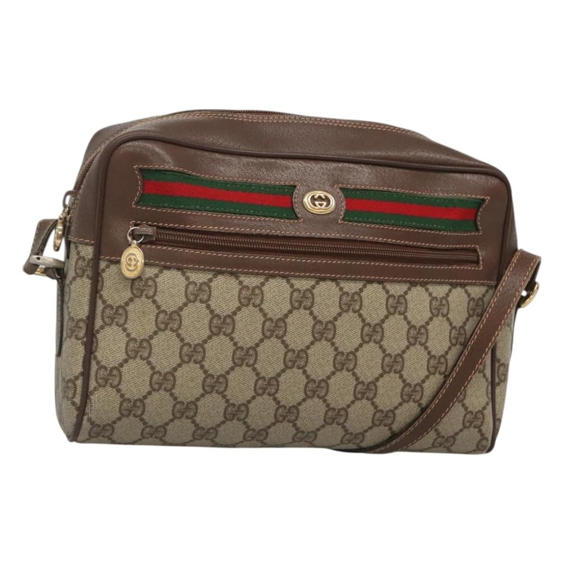 GUCCI GG Supreme Sherry Line Shoulder Bag PVC Beige Gold Red 56 02 088 Auth: GUCCI GG Supreme Sherry Line Shoulder Bag PVC Beige Gold Red 56 02 088 Auth This authentic GUCCI GG Supreme Web Sherry Line Shoulder Bag is a stylish blend of elegance and practicality. Crafted from d