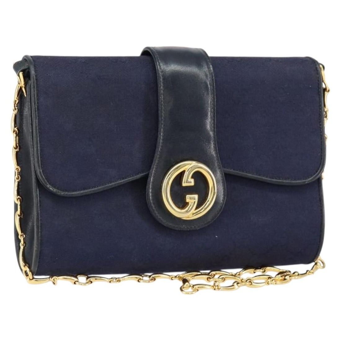 GUCCI GG Canvas Navy Gold Horsebit Chain Shoulder Bag Auth (1 of 18)