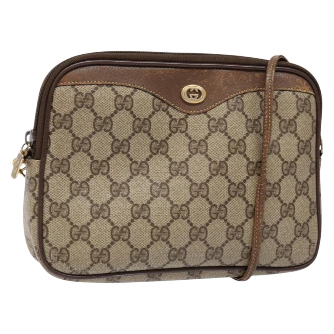GUCCI GG Supreme Web Sherry Shoulder Bag PVC Beige Gold Auth 97 02 068: GUCCI GG Supreme Web Sherry Shoulder Bag PVC Beige Gold Auth 97 02 068 Introducing the GUCCI GG Supreme Web Sherry Line Shoulder Bag, a perfect blend of style and functionality. Crafted from durable P