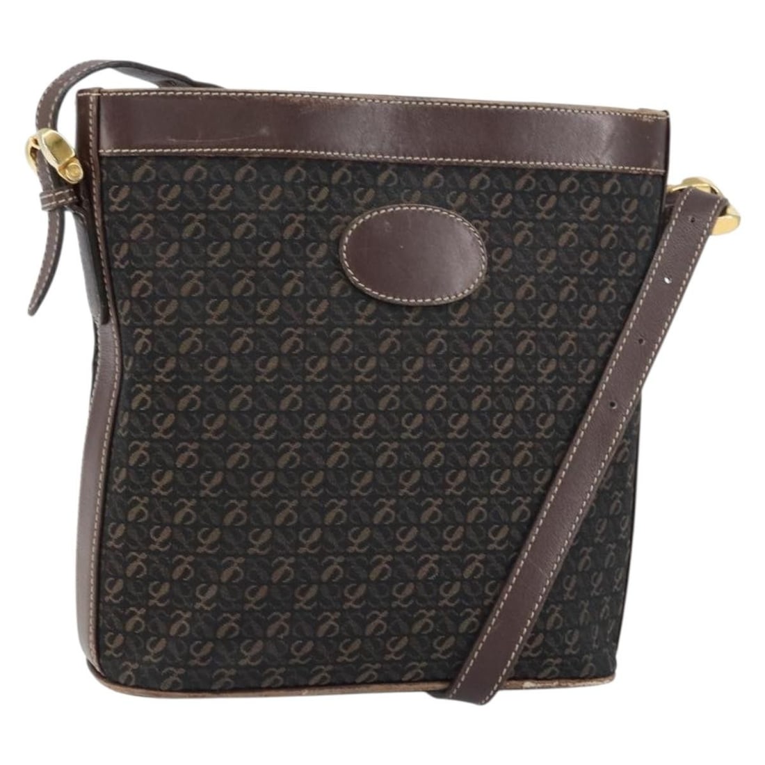 Brown Nylon LOEWE Anagram Shoulder Bag with Gold Accents from Spain: Brown Nylon LOEWE Anagram Shoulder Bag with Gold Accents from Spain This LOEWE anagram shoulder bag features a brown and gold nylon exterior with gold-tone accents. The bag has a structured silhouette