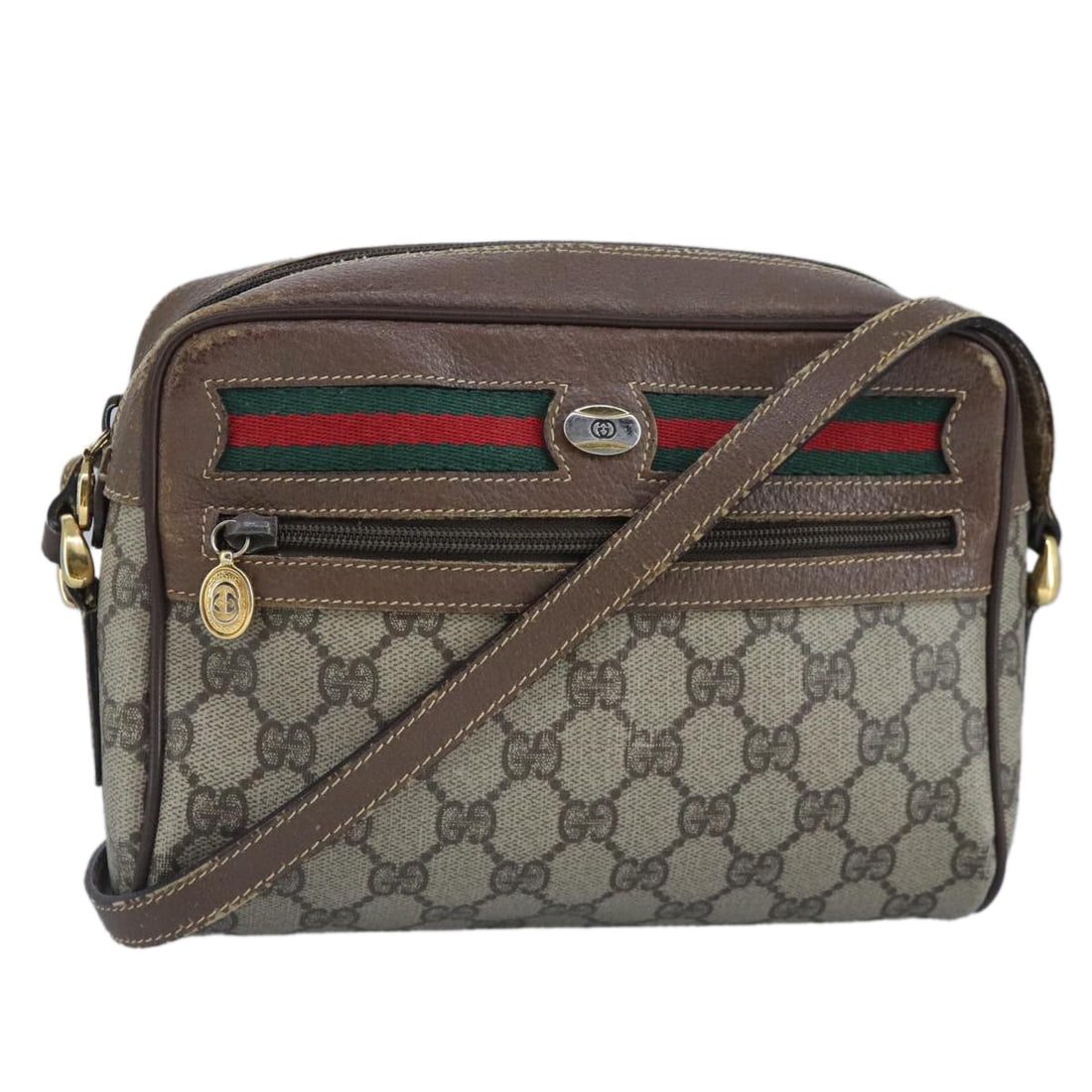 GUCCI GG Supreme Sherry Line Shoulder Bag Beige Red PVC 001 115 Auth: GUCCI GG Supreme Sherry Line Shoulder Bag Beige Red PVC 001 115 Auth This GUCCI GG Supreme Web Sherry Line Shoulder Bag combines style and functionality with its chic beige and red color scheme. Craft