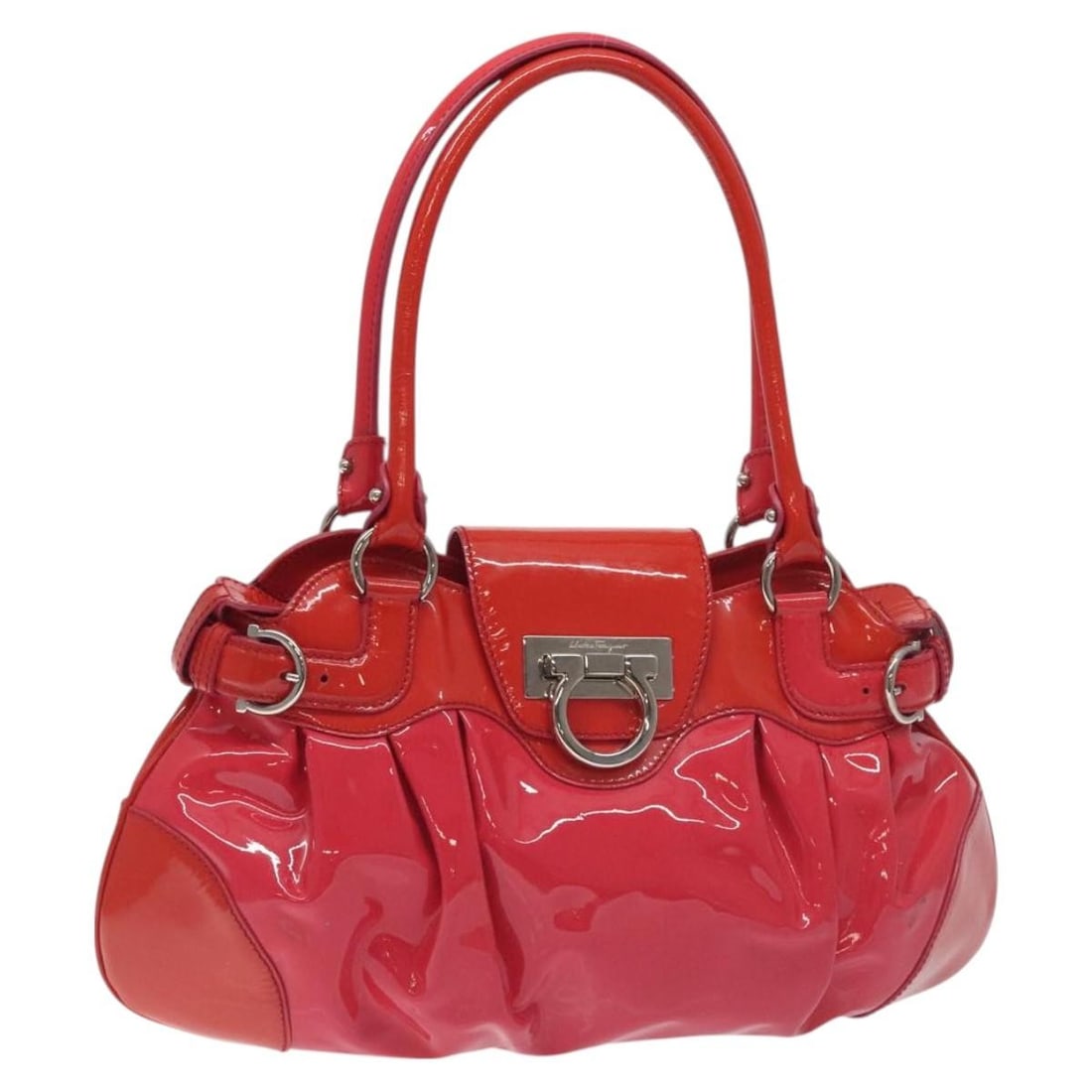 Salvatore Ferragamo Gancini Marissa Hand Bag Red Enamel Silver Auth 130621 (1 of 18)