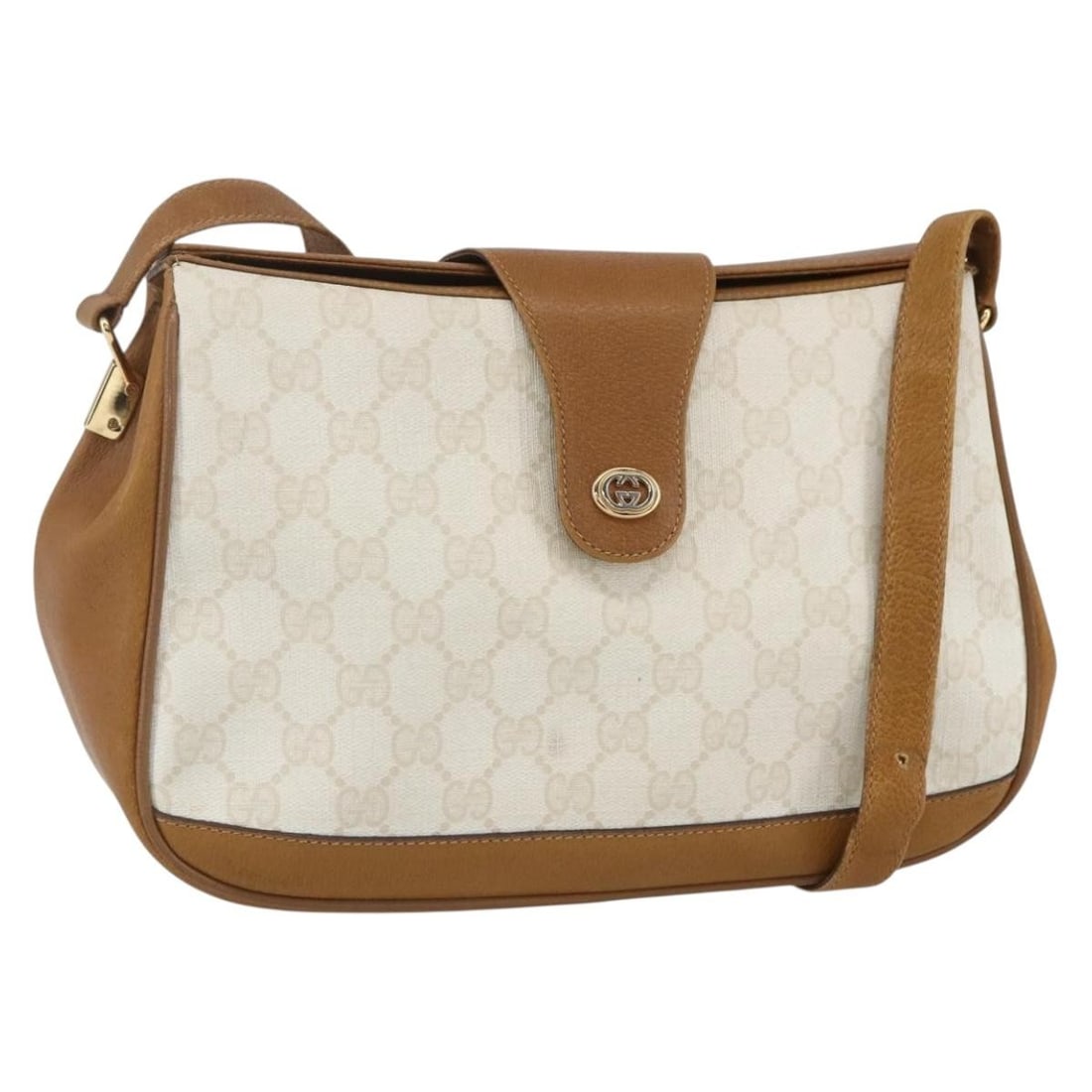 GUCCI GG Supreme Beige Gold PVC Shoulder Bag 116 02 076 Authentic: GUCCI GG Supreme Beige Gold PVC Shoulder Bag 116 02 076 Authentic This authentic GUCCI GG Supreme Shoulder Bag is a stylish accessory crafted from durable PVC leather with a luxurious beige and gold c