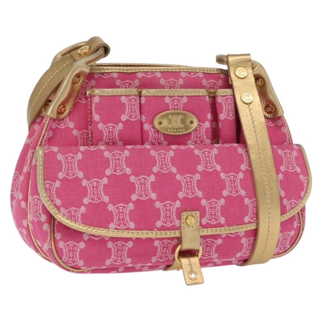 Celine Macadam Canvas Pink Gold Shoulder Bag from Italy: Celine Macadam Canvas Pink Gold Shoulder Bag from Italy This is a CELINE Paris Macadam Canvas shoulder bag in pink and gold tones, crafted in Italy. The bag features the signature Macadam canvas exter