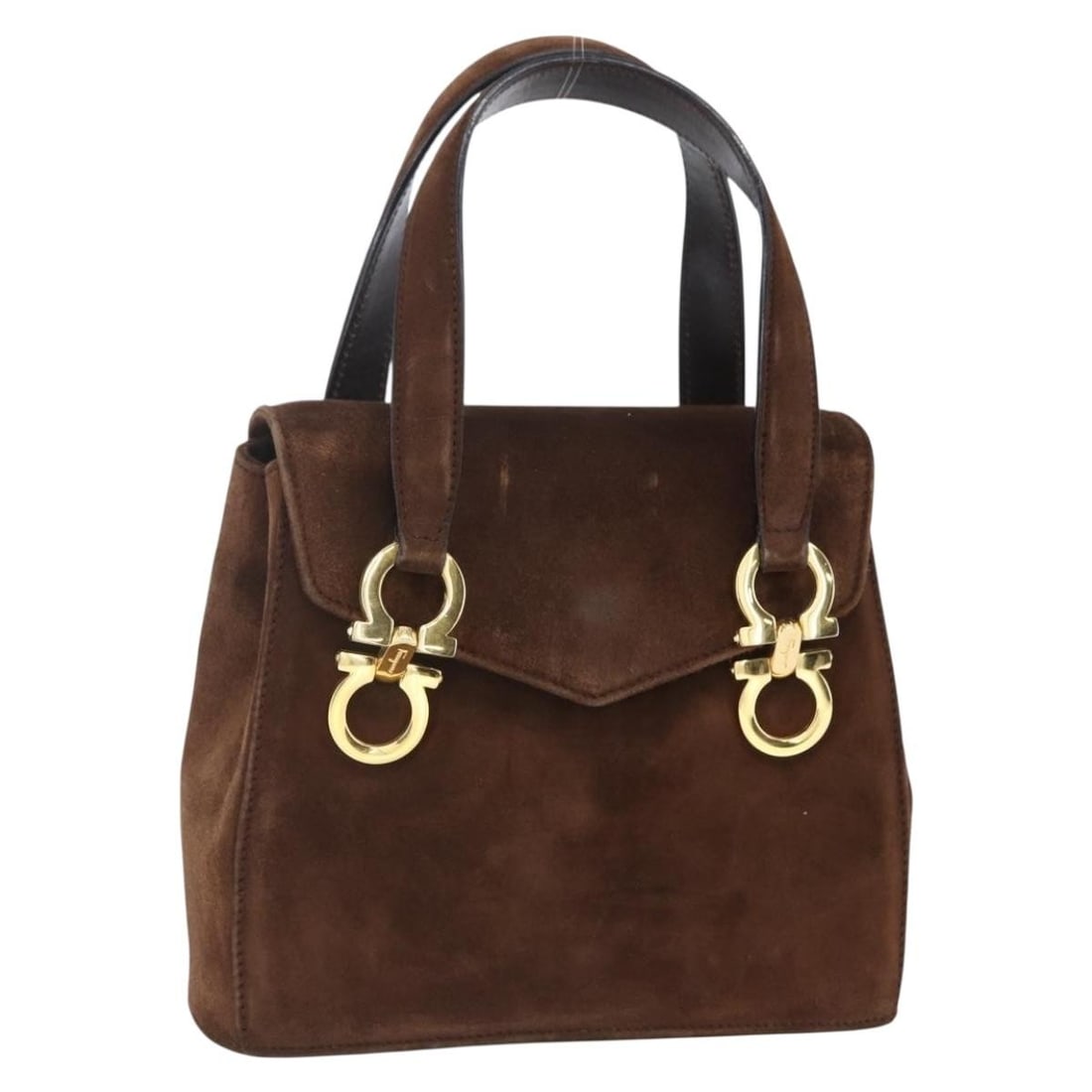 Salvatore Ferragamo Gancini Suede Hand Bag Brown Gold Italy: Salvatore Ferragamo Gancini Suede Hand Bag Brown Gold Italy This exquisite Salvatore Ferragamo Gancini Hand Bag features a luxurious suede exterior in rich brown with elegant gold accents. Ideal for d