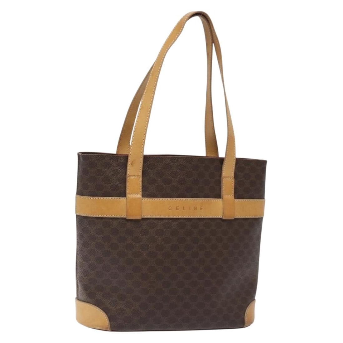 CELINE Macadam Canvas Tote Bag Brown Gold PVC Leather Italy Auth 131657 (1 of 18)