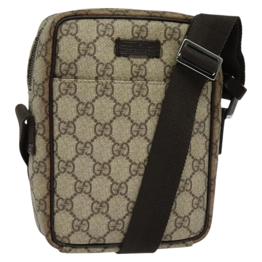 GUCCI GG Supreme Beige Silver Shoulder Bag PVC 122754 Italy Auth: GUCCI GG Supreme Beige Silver Shoulder Bag PVC 122754 Italy Auth This stylish GUCCI GG Supreme Shoulder Bag is crafted from durable PVC leather in a chic beige and silver color combination. The bag fe