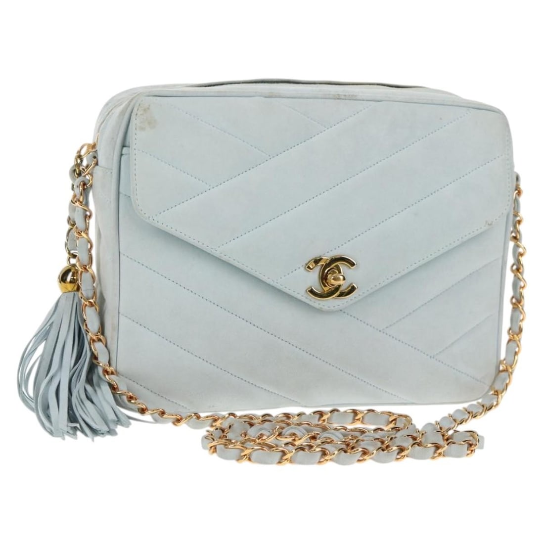 CHANEL Bias Stitch Light Blue Suede Shoulder Bag Gold Accents Auth 3412979: CHANEL Bias Stitch Light Blue Suede Shoulder Bag Gold Accents Auth 3412979 This elegant CHANEL Bias Stitch Chain Shoulder Bag is crafted from luxurious suede in a beautiful light blue color with gold