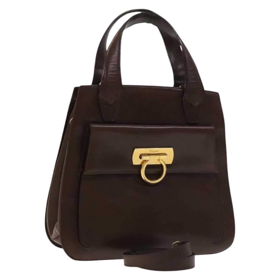 Salvatore Ferragamo Gancini Leather Hand Bag Brown Gold Auth Italy (1 of 18)