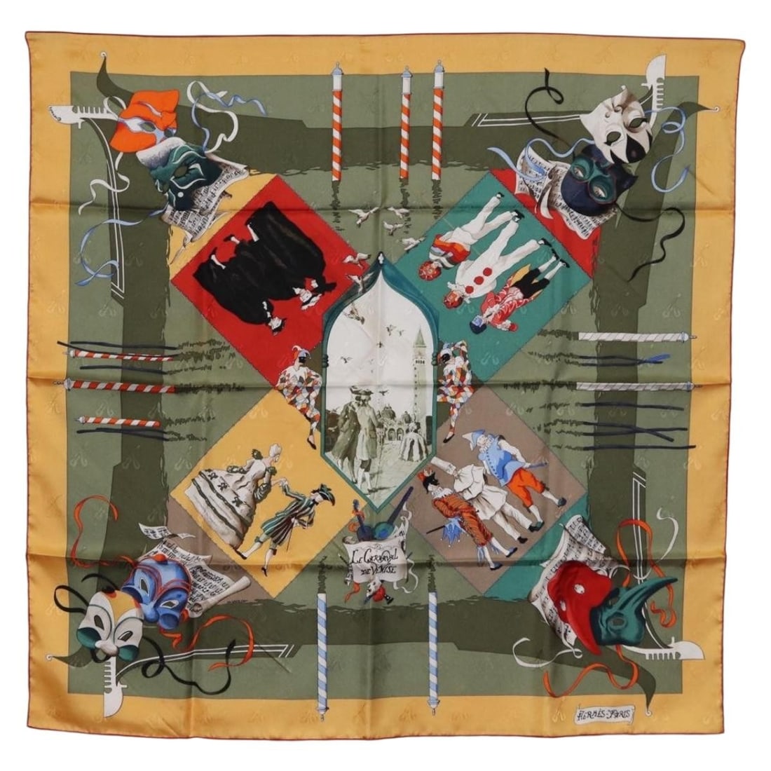 Le Carnaval de Venise Silk Scarf by Hermes 90cm Khaki France (1 of 14)