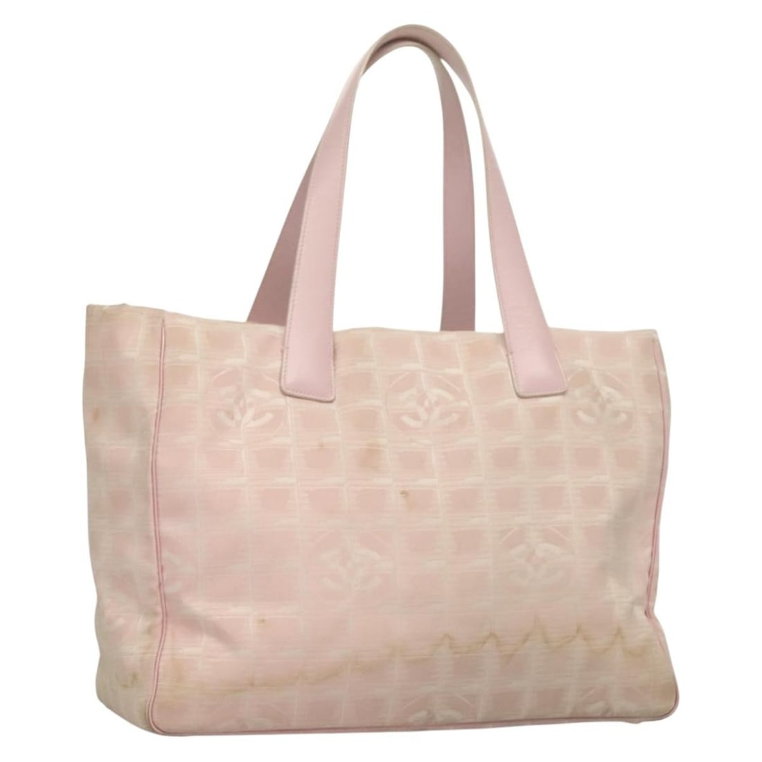 CHANEL Pink Gold Nylon Travel Line Tote Bag Auth TI3318: CHANEL Pink Gold Nylon Travel Line Tote Bag Auth TI3318 This chic CHANEL Travel Line Tote Bag is crafted from durable nylon in a delightful pink and gold color scheme. Designed for both style and func