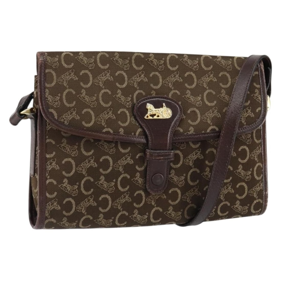 CELINE C Sulky Shoulder Bag Canvas Leather Brown Gold Italy (1 of 18)
