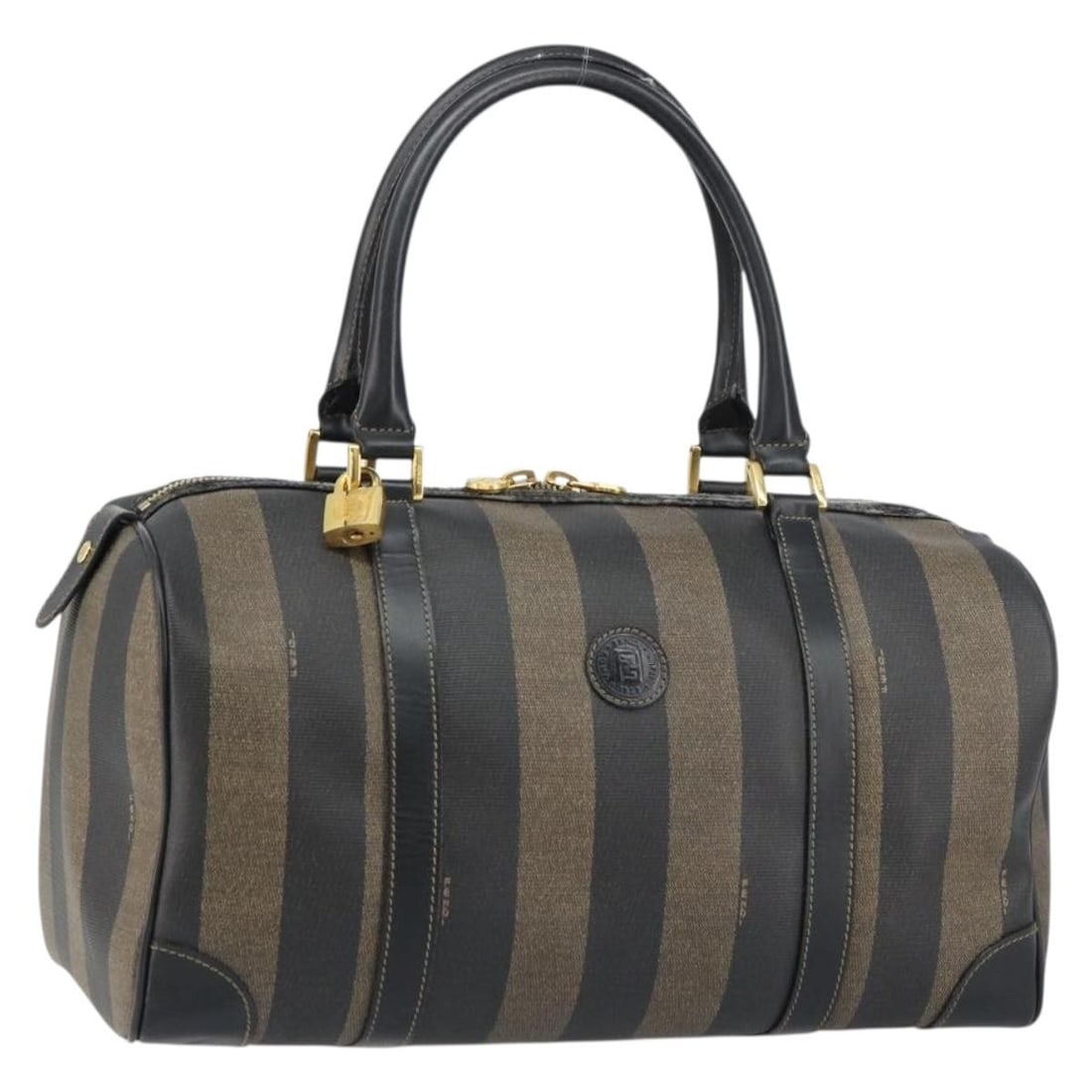 Fendi Boston Bag Pequin Canvas and PVC Black Brown with Gold Accents and Padlock (1 of 18)