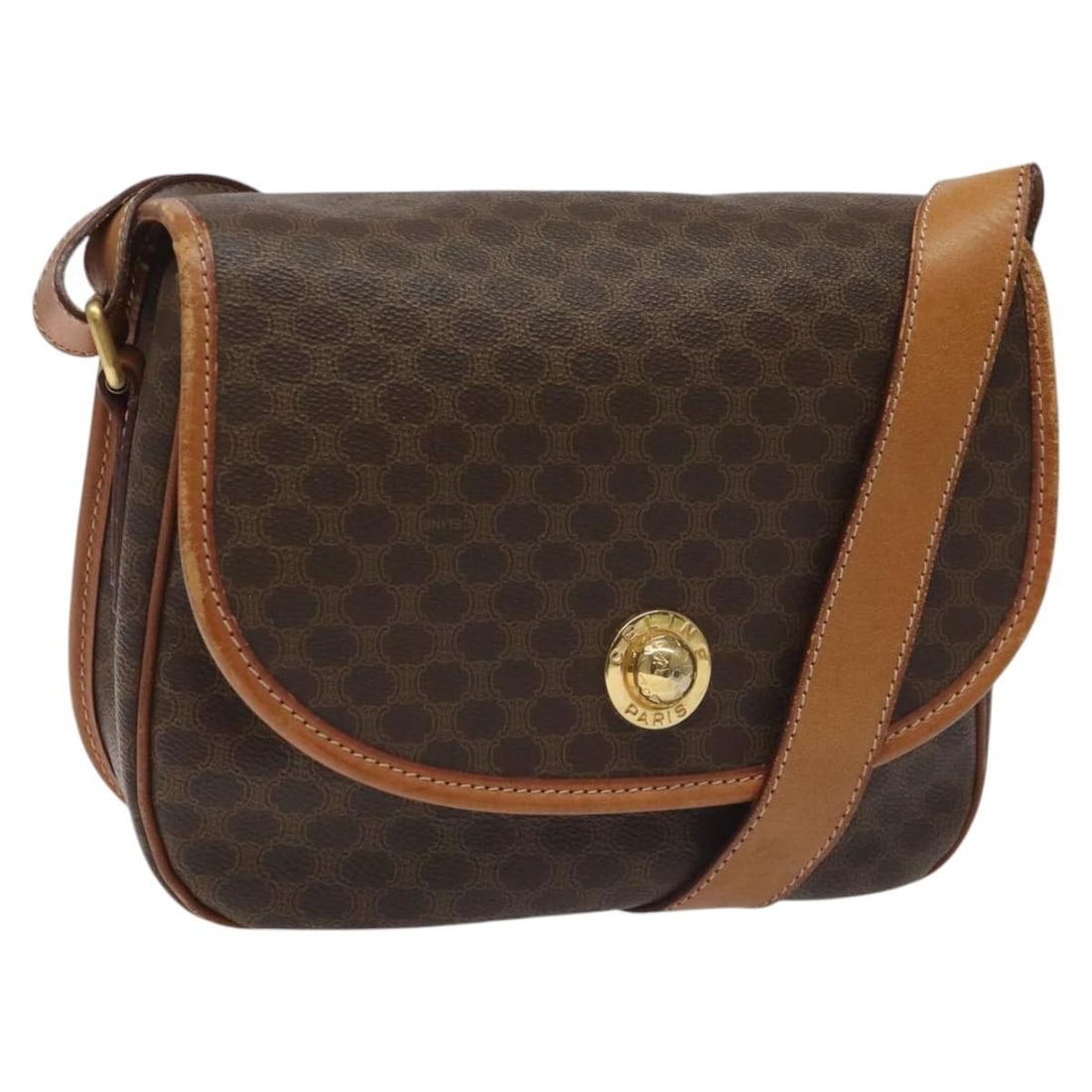 CELINE Brown Gold PVC Leather Macadam Canvas Shoulder Bag Auth BD1027: CELINE Brown Gold PVC Leather Macadam Canvas Shoulder Bag Auth BD1027 This Celine Macadam Canvas Shoulder Bag combines style and functionality with its chic brown and gold color palette. Crafted from