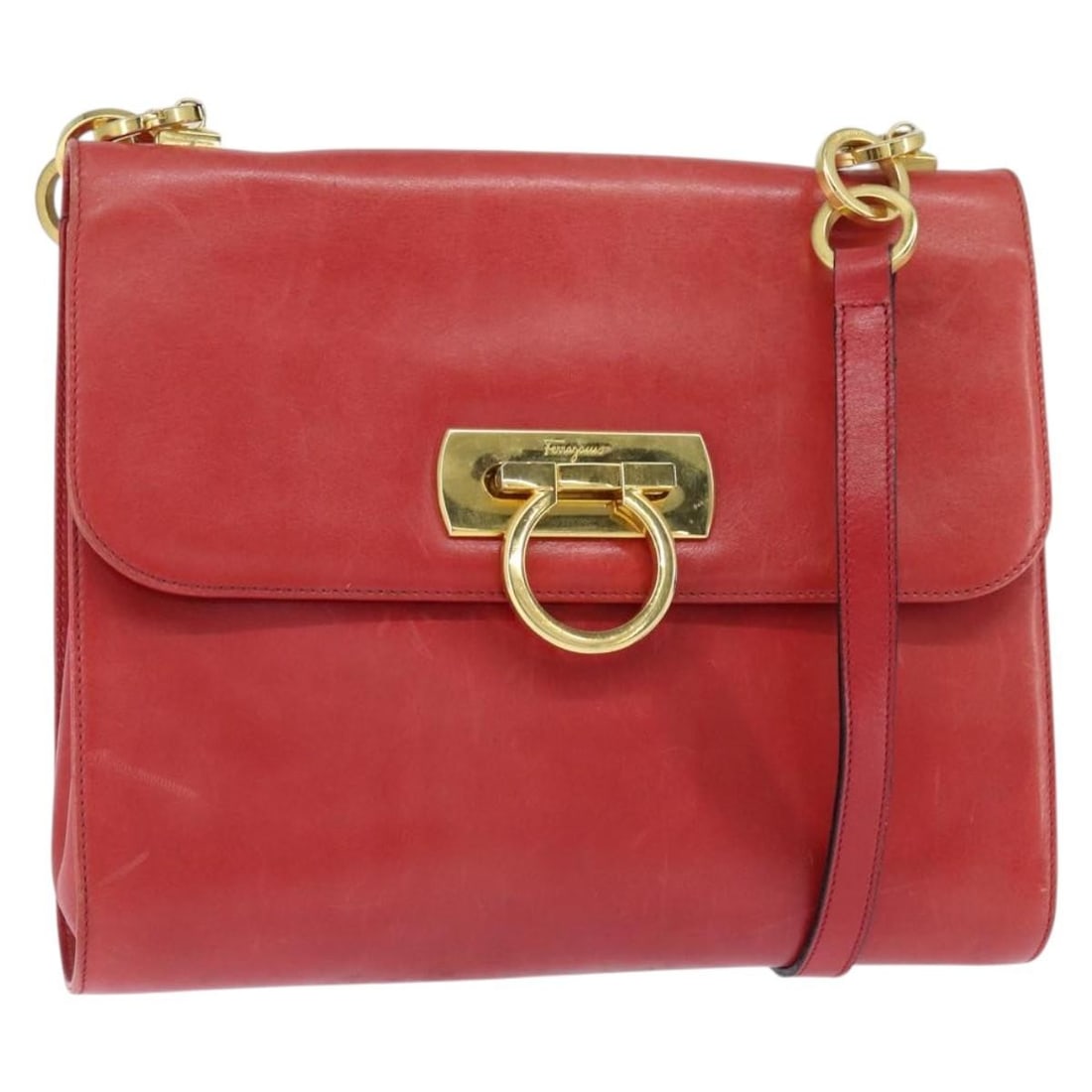 Salvatore Ferragamo Red Gold Gancini Shoulder Bag Leather Italy (1 of 18)