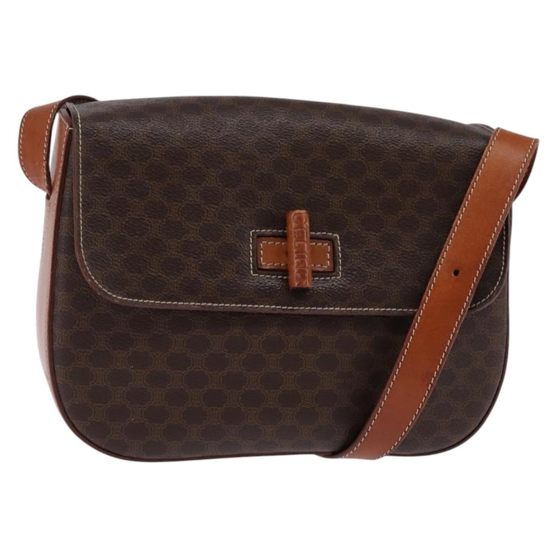CELINE Brown Gold PVC Leather Macadam Shoulder Bag Auth M95: CELINE Brown Gold PVC Leather Macadam Shoulder Bag Auth M95 This Celine Macadam Canvas Shoulder Bag combines a stylish design with practical functionality. Crafted from durable PVC leather in a sophis