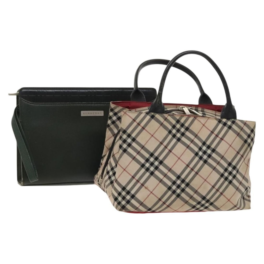 Burberry Nova Check Nylon Hand Bag Beige Green Set of 2 Authentic (1 of 16)