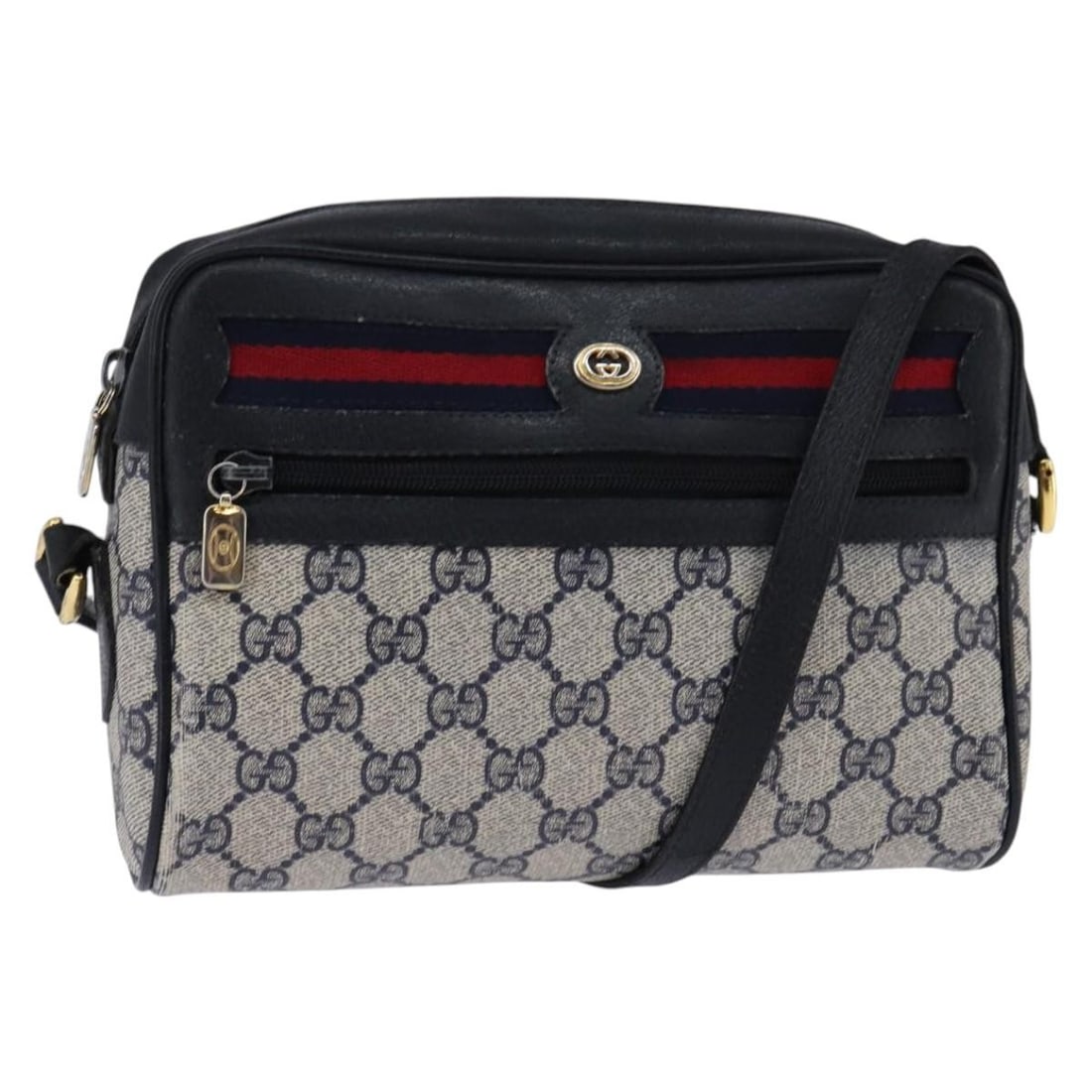 GUCCI GG Supreme Sherry Line Shoulder Bag PVC Navy Gold 98 02 087 Auth: GUCCI GG Supreme Sherry Line Shoulder Bag PVC Navy Gold 98 02 087 Auth This authentic GUCCI GG Supreme Sherry Line Shoulder Bag combines luxury and practicality, crafted from durable PVC leather. The
