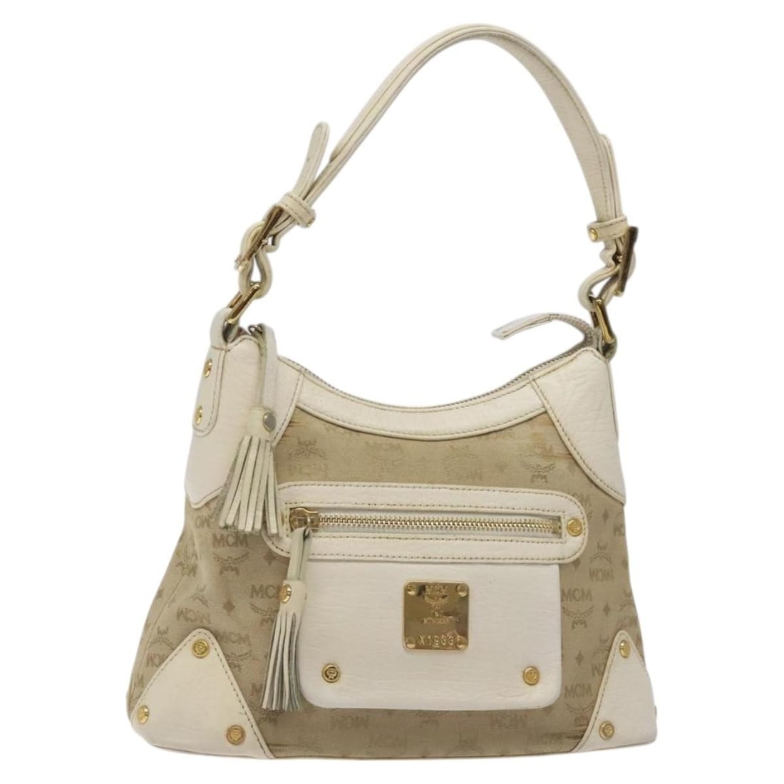 MCM Vicetos Logogram Beige Gold Canvas Shoulder Bag Auth 129427 (1 of 18)