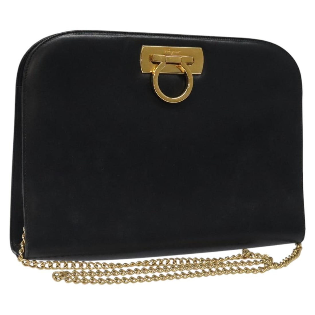 Salvatore Ferragamo Gancini Chain Shoulder Bag Black Gold Leather Auth Italy (1 of 18)