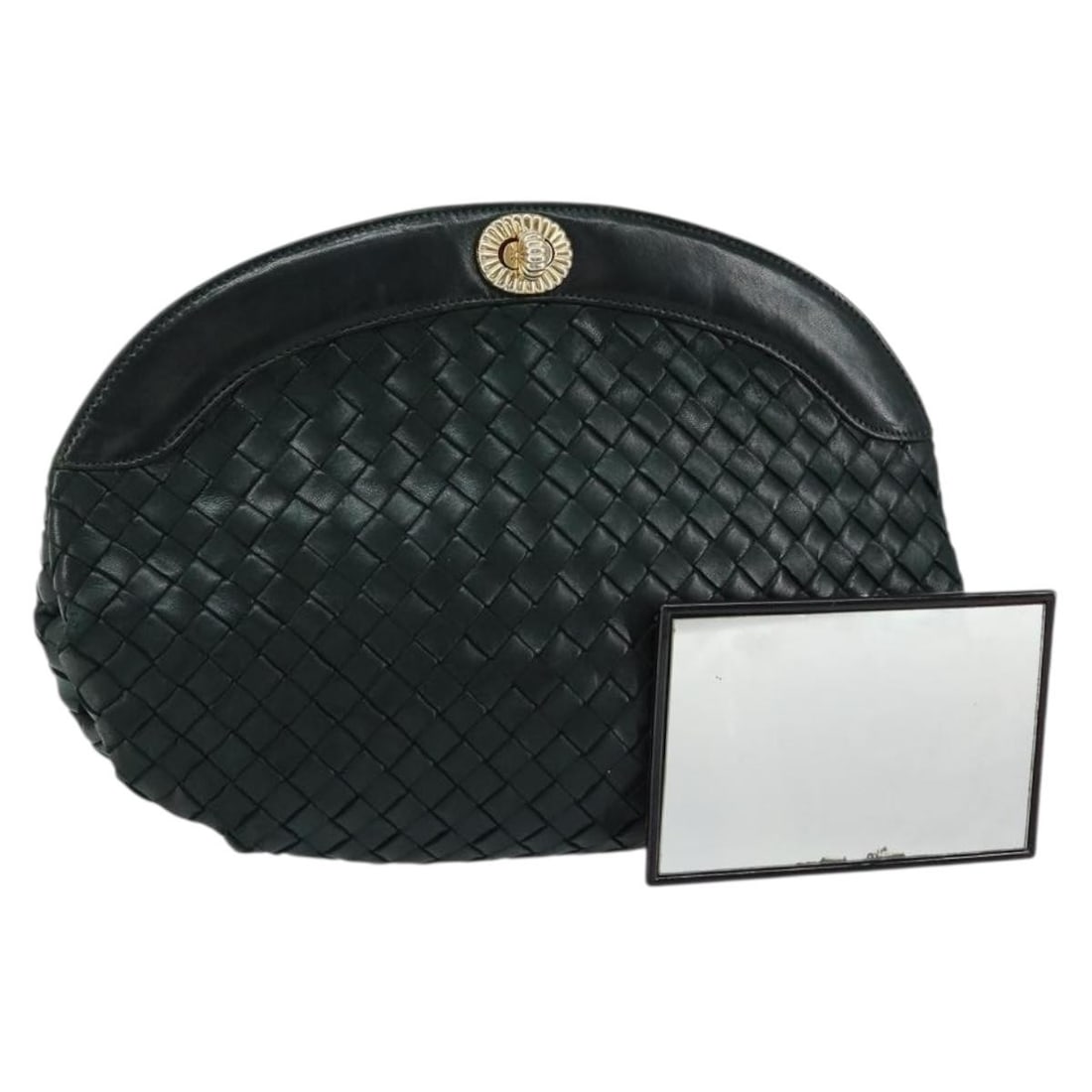 BOTTEGA VENETA Intrecciato Green Leather Clutch Bag with Mirror: BOTTEGA VENETA Intrecciato Green Leather Clutch Bag with Mirror This Bottega Veneta Intrecciato Clutch Bag is a stylish accessory crafted from high-quality leather in a vibrant green color. Made in It