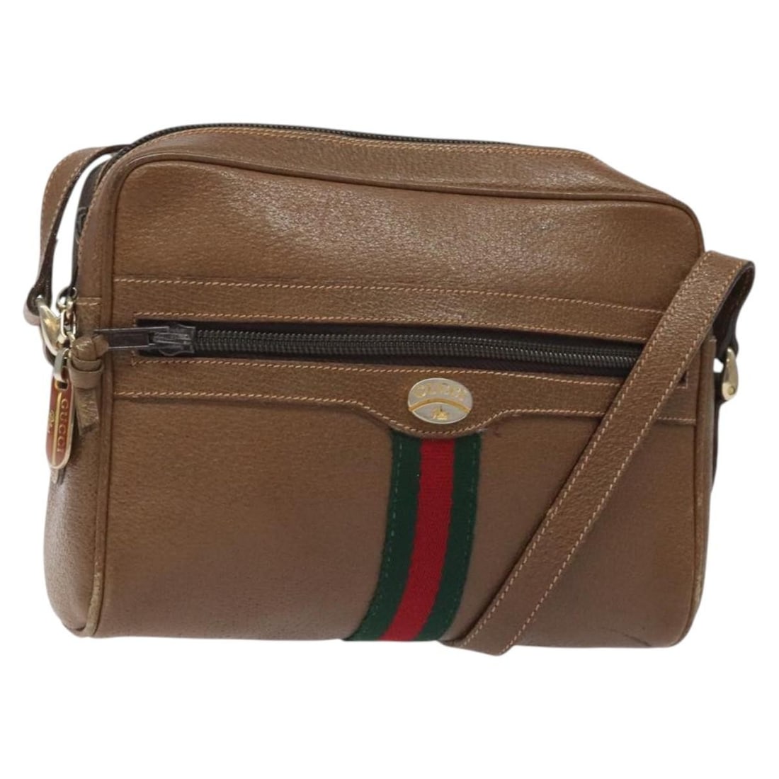 GUCCI Brown Gold Leather Web Sherry Shoulder Bag Auth Italy (1 of 18)