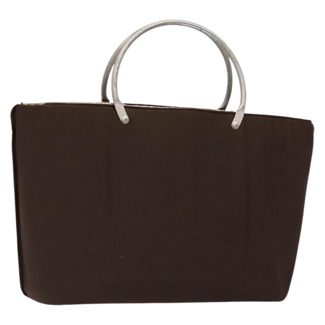 CHANEL Brown Nylon Hand Bag with Silver Accents Authenticated: CHANEL Brown Nylon Hand Bag with Silver Accents Authenticated This authentic CHANEL hand bag combines style and practicality with its brown nylon exterior and silver accents. Measuring approximately 1