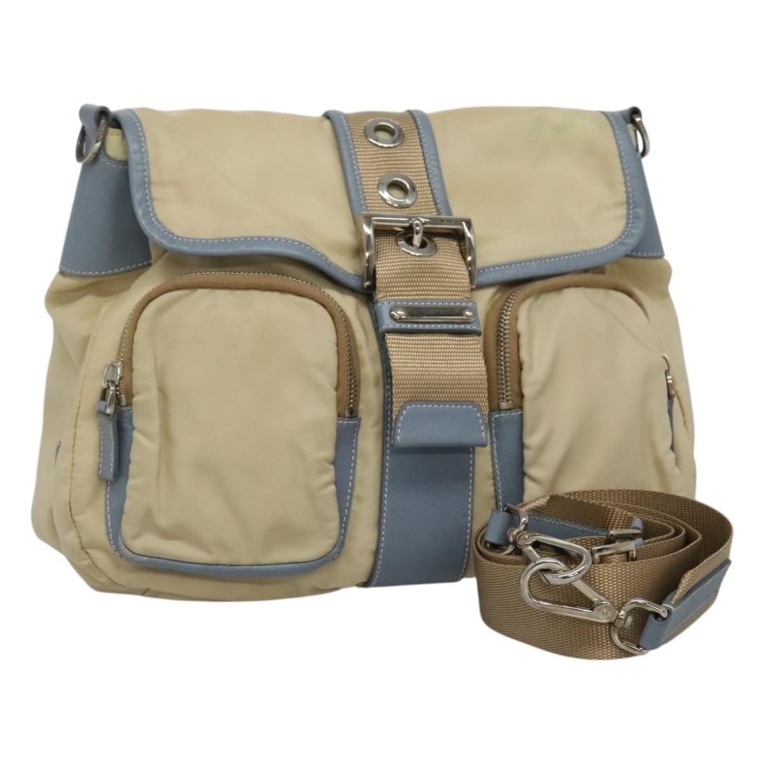 PRADA Beige Nylon Shoulder Bag Made in Italy with Adjustable Strap: PRADA Beige Nylon Shoulder Bag Made in Italy with Adjustable Strap This stylish Prada shoulder bag combines functionality with a chic design. Crafted from durable nylon in a sophisticated beige hue, i