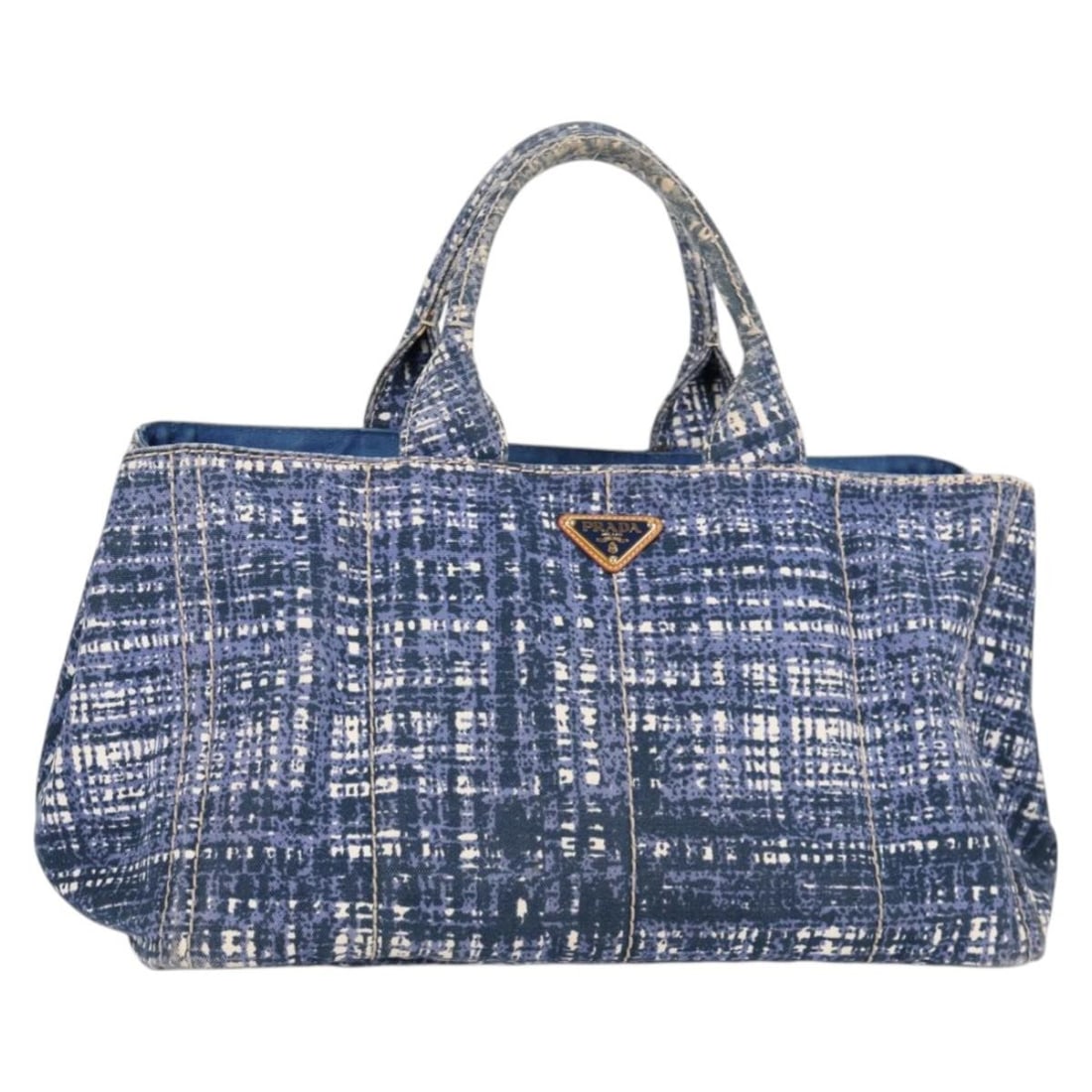 PRADA Canapa GM Hand Bag Canvas Blue Gold Made in Italy: PRADA Canapa GM Hand Bag Canvas Blue Gold Made in Italy Introducing the PRADA Canapa GM Hand Bag, a stylish accessory crafted from durable canvas in a striking blue and gold color scheme. This spaciou